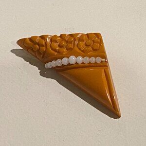 Vintage Carved Butterscotch Brooch with String Faux Pearls